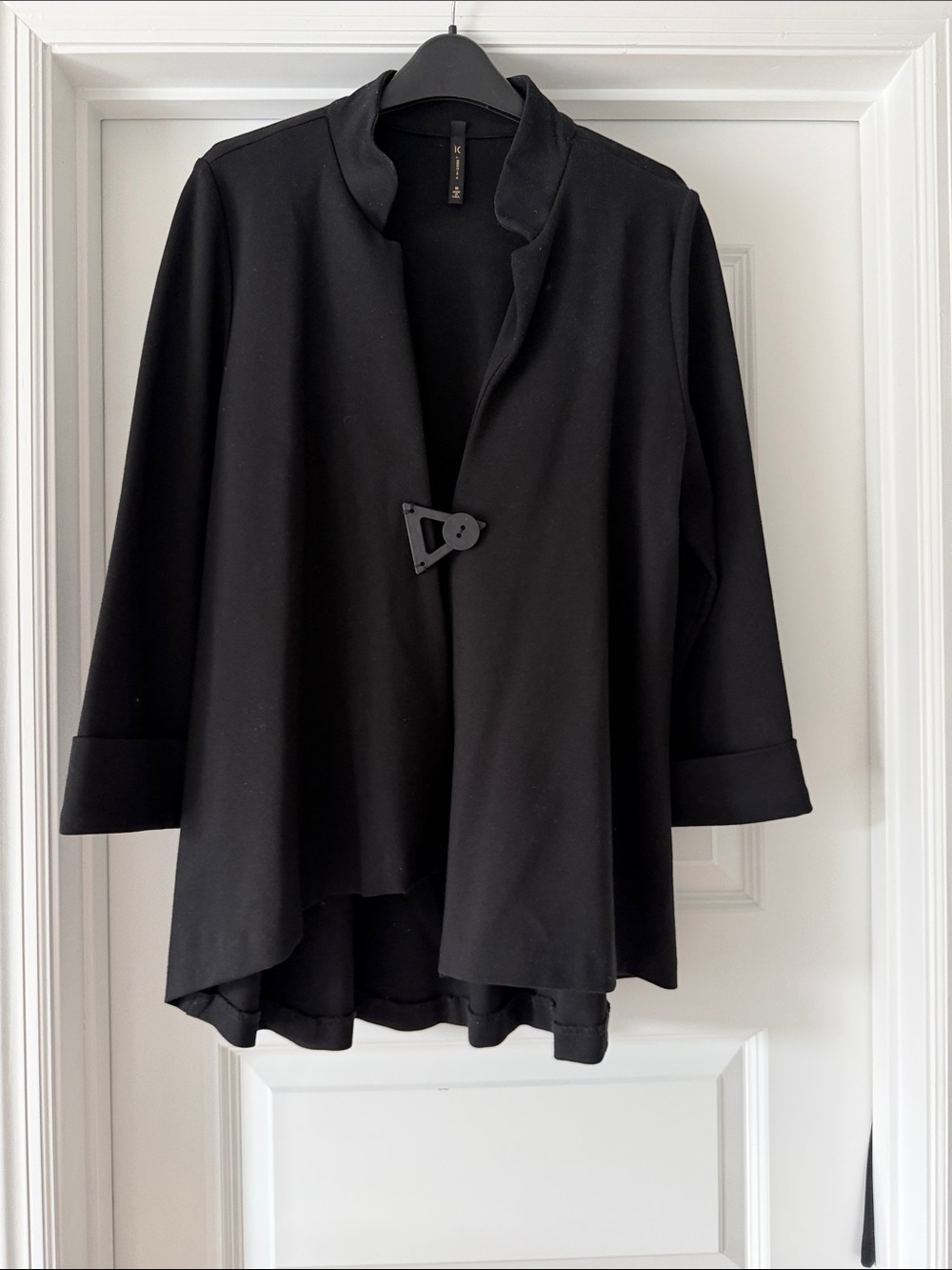 Women's Black Open-Front Tunic Jacket with Decorative Closure